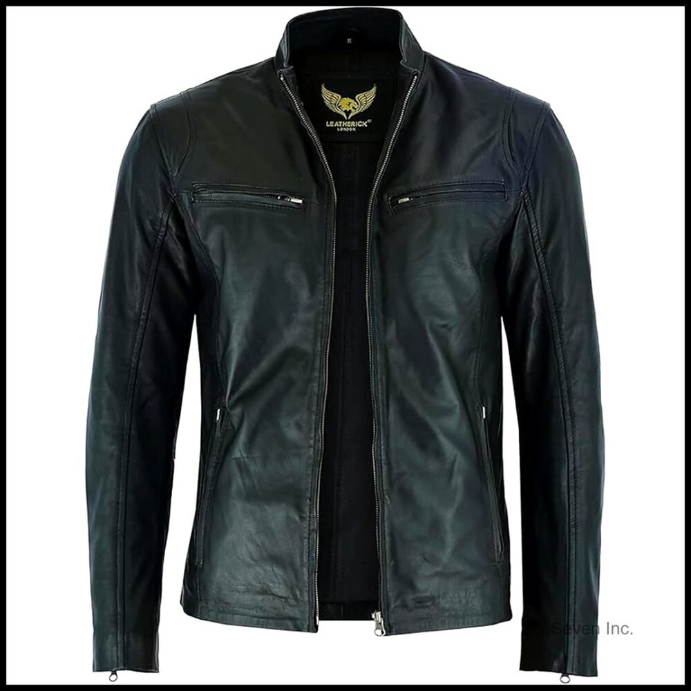 Genuine Lambskin Leather Motorcycle Jacket With Zipper Cuffs And Pockets
